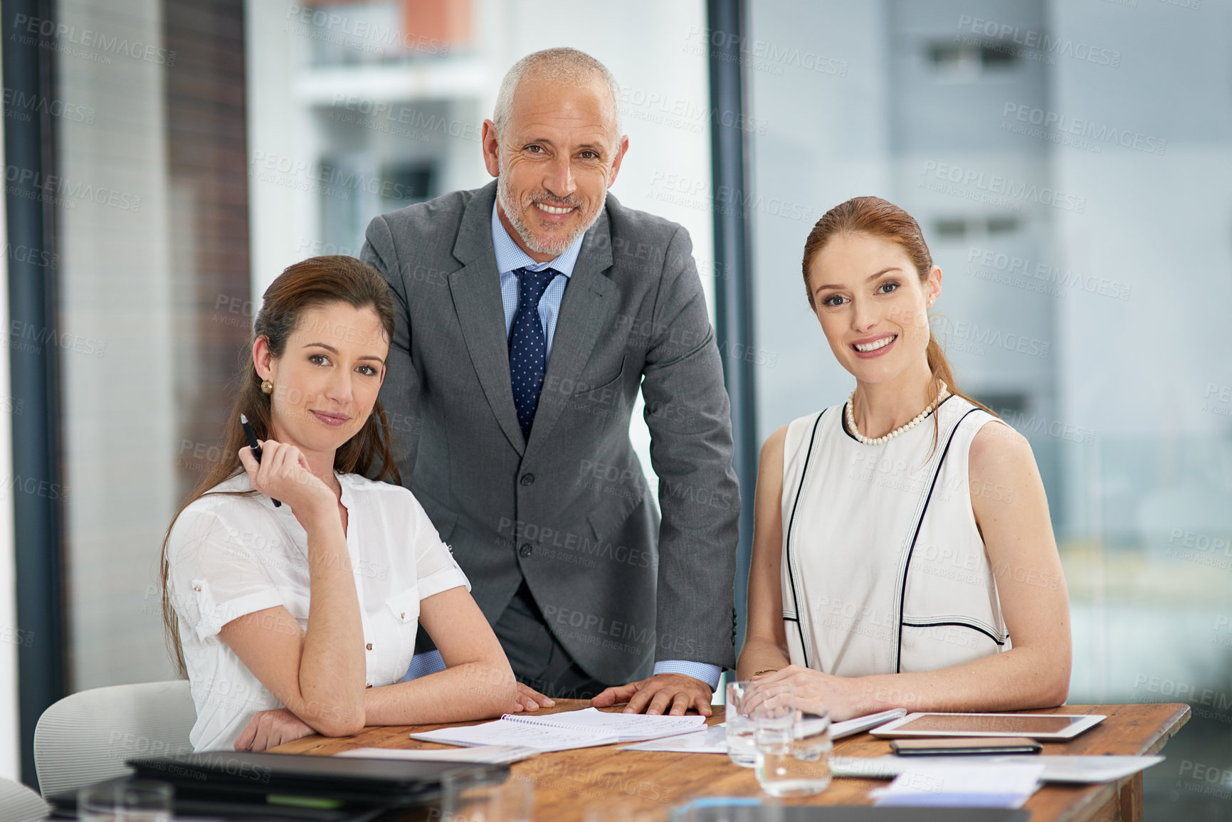 Buy stock photo Paperwork, teamwork or business people in meeting portrait for accounting, notes or discussion. Finance, collaboration and proud accountants speaking of portfolio or planning with audit documents