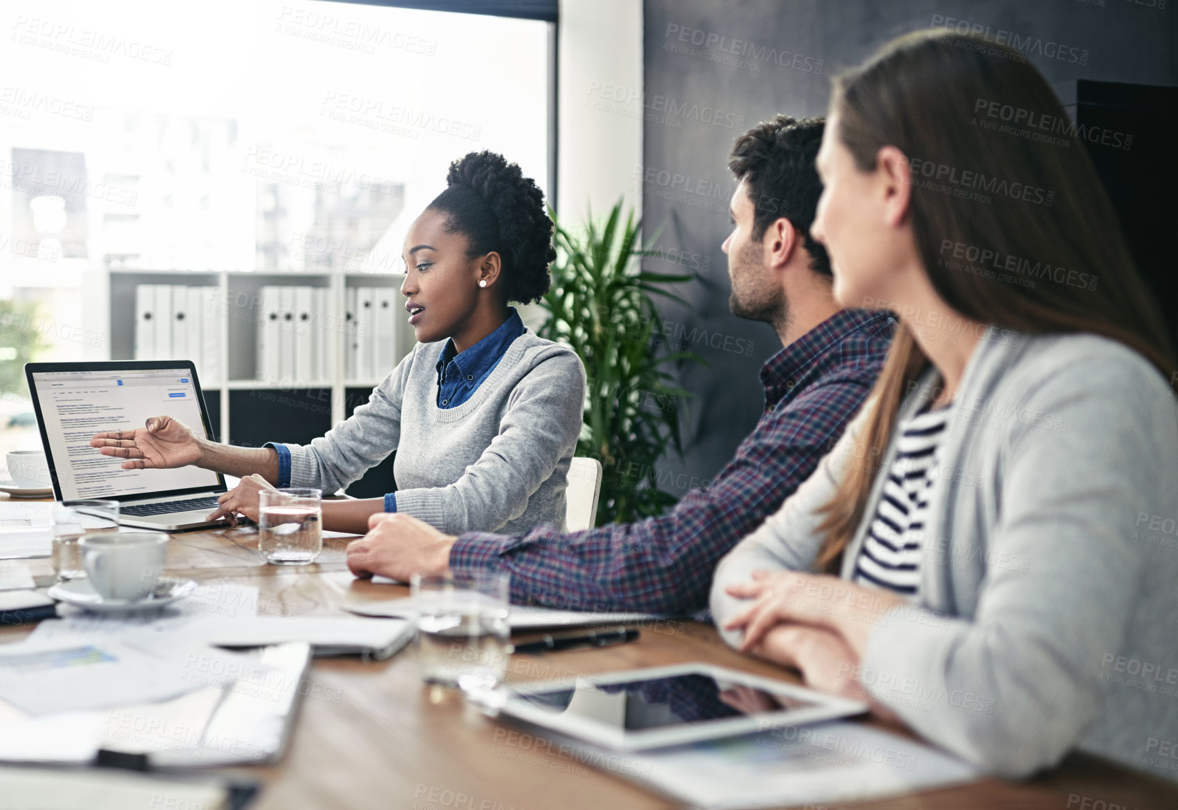 Buy stock photo Business people, laptop and meeting in office for teamwork, project collaboration and communication. Technology, group or colleagues in boardroom together for planning, ideas and brainstorming