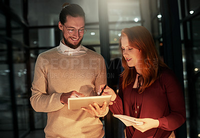 Buy stock photo Businessman, tablet and office in night with woman, planning or web design for iot, writing or team strategy. Happy teamwork, it goal and ux designer group for idea, vision or dark workplace for data