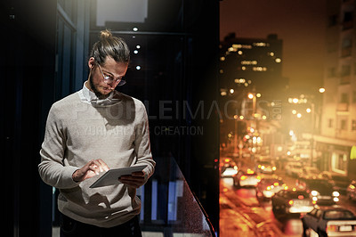 Buy stock photo Tablet, city and business man at night for research, browse internet and social media on rooftop. Technology, communication and male with digital tech for email, networking and online website in dark