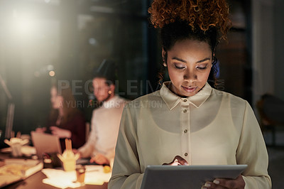 Buy stock photo Night business, black woman and tablet in office for planning, research and productivity. Young female working late on digital technology for strategy data, information analysis or dark startup ideas