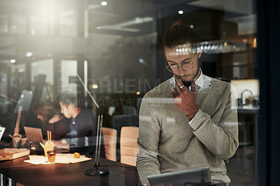 Buy stock photo Tablet, thinking and business man at night for research, online website and social media. Corporate workplace, communication and male with digital tech for writing email, networking and internet