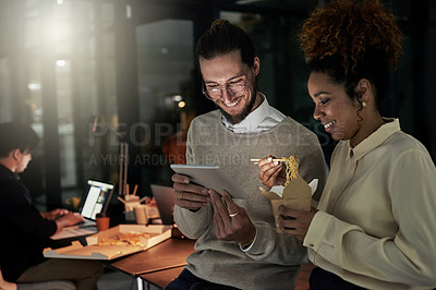 Buy stock photo Night business, tablet and people with fast food for planning, web app data and collaboration. Diversity workers, digital technology and eating takeout in dark agency for happy productivity together