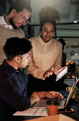 Buy stock photo Dark business, people and teamwork on tablet for planning, research and collaboration in night office. Diversity workers, digital technology and overtime online in agency, group strategy and web app