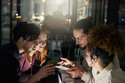 Buy stock photo Night business, people and brainstorming on tablet for planning, research or collaboration in dark office. Diversity teamwork, digital technology and overtime online in agency, group strategy and app