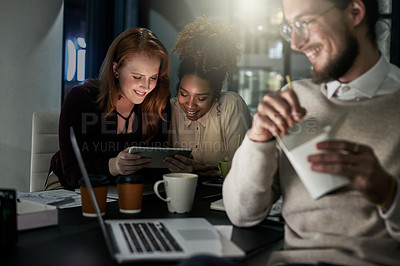 Buy stock photo Technology, teamwork and night with business people working late on a deadline in their office. Collaboration, diversity and project management with an employee team at work in the dark for overtime