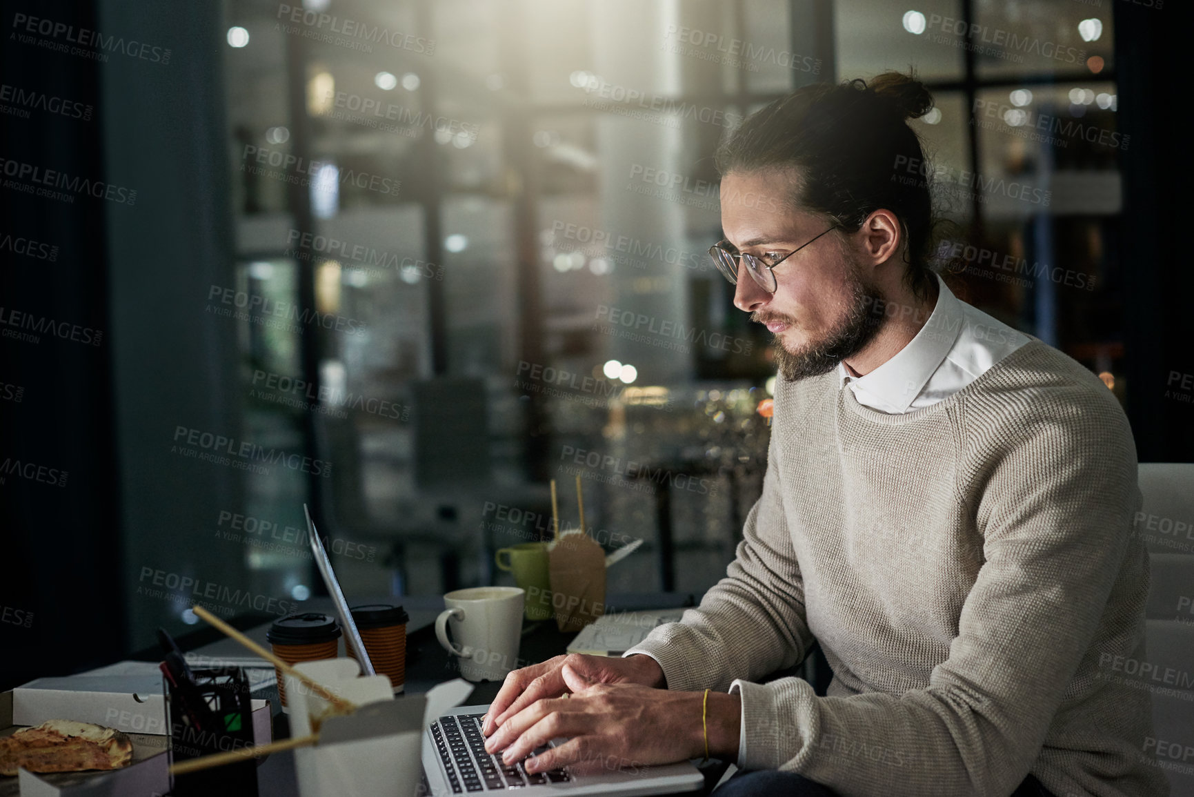 Buy stock photo Night working, business man and computer typing of company employee in a office. Technology, web design project and digital planning of a worker busy on a website glitch fix in the dark writing code