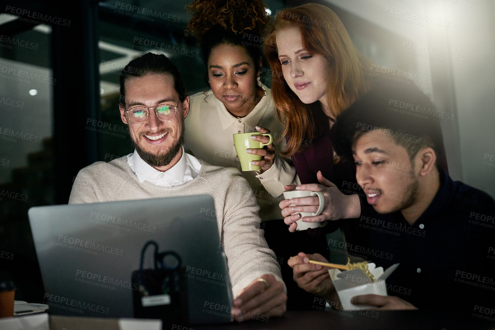 Buy stock photo Discussion, laptop and business people in the office at night working overtime on a deadline project. Collaboration, late and corporate team planning company report together on computer in workplace.