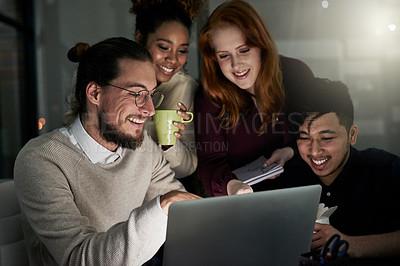 Buy stock photo Night, teamwork and staff with laptop, smile and people with new project, web design and website launch. Friends, coworkers or group with device, working late or creativity for advertising agency