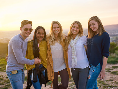 Buy stock photo Happy, portrait and friends on outdoor holiday together for care, wellness and love in countryside. Group, travel and people with alcohol or smile in nature, park or vacation at sunset for memory