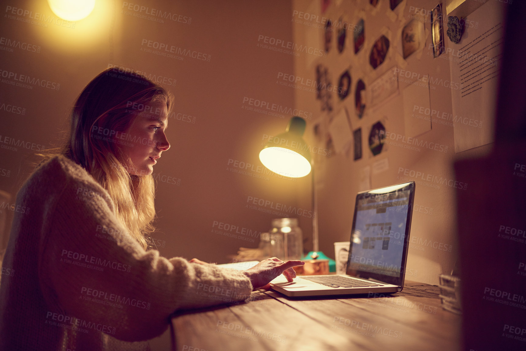 Buy stock photo Woman, laptop and study at night in bedroom for research, project and online for connectivity and networking. Gen z, female influencer and technology in home for social media, live streaming and blog