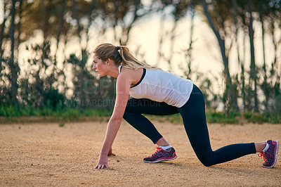 Buy stock photo Fitness, woman and start running outdoor for body health, wellness or exercise in nature. Cardio, ready or athlete training at park to prepare for race, marathon or sprint for sport workout challenge