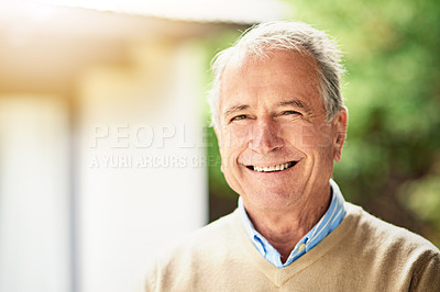 Buy stock photo Portrait of a happy senior man standing outside