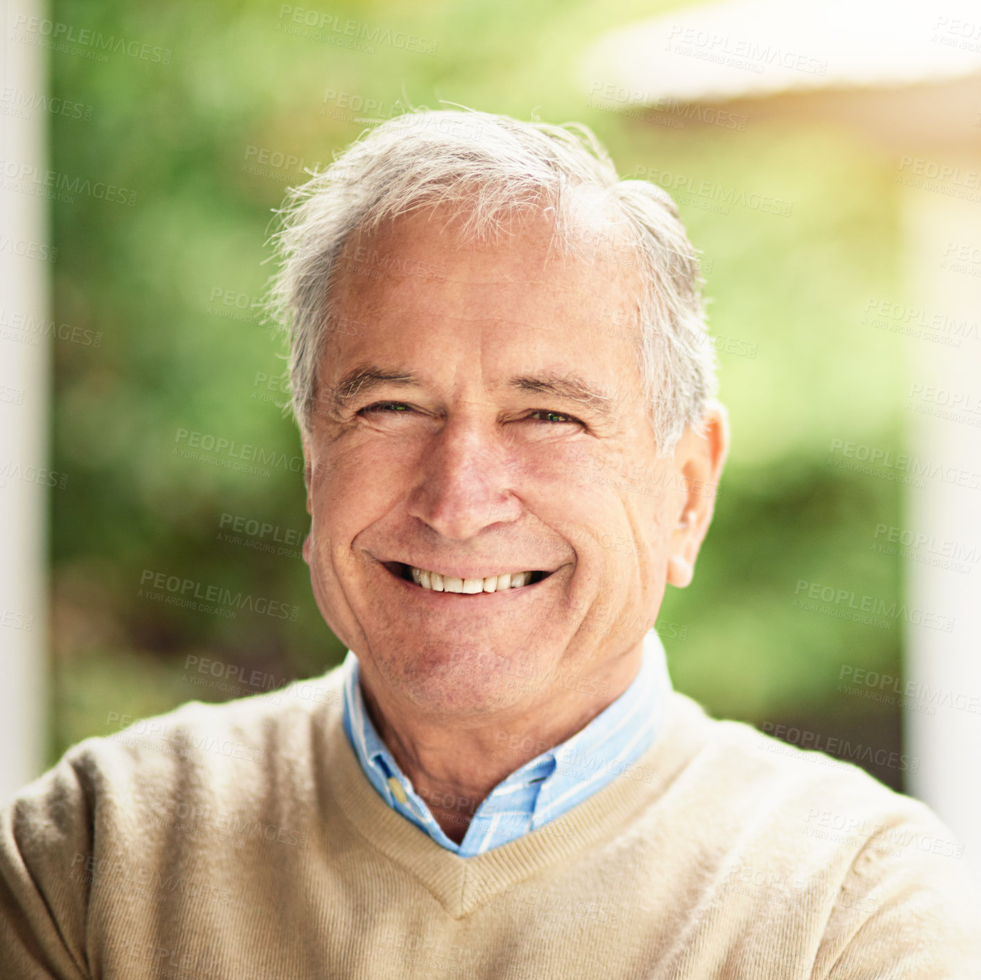 Buy stock photo Portrait, senior and man relax outdoor at retirement house to enjoy nature, happiness or wellness for sunshine with peace. Happy, elderly person and garden in summer for gratitude or satisfaction