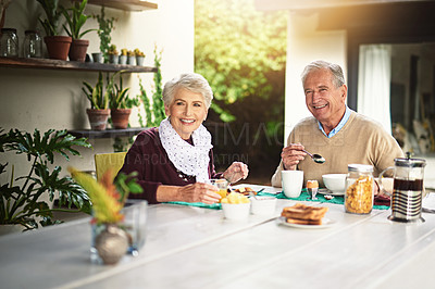Buy stock photo Portrait of a happy senior couple enjoying breakfast together at home