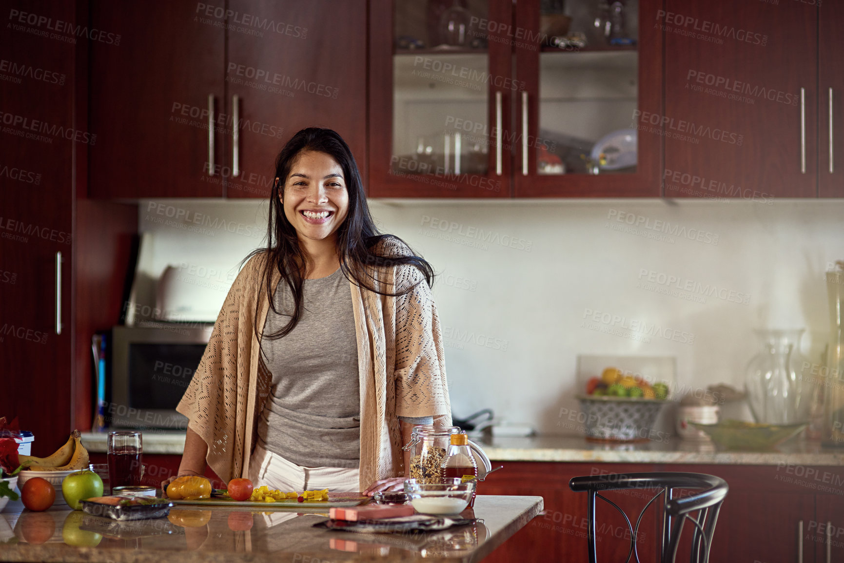 Buy stock photo Kitchen, smile and portrait of woman with cooking for breakfast, meal prep or healthy diet at home. Hungry, female person and table with food ingredients in house for morning, nutrition and happiness