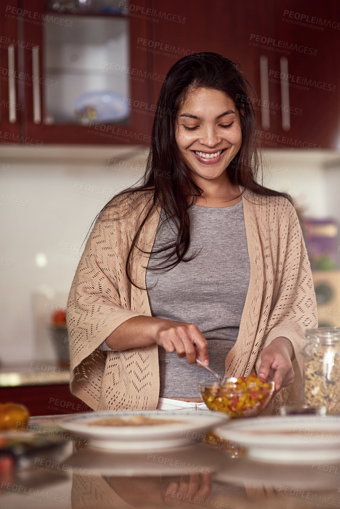 Buy stock photo Home, smile and woman with cooking in kitchen for nutrition, meal prep and healthy diet in morning. Hungry, female person and bowl with food ingredients in house for breakfast, recipe and happiness