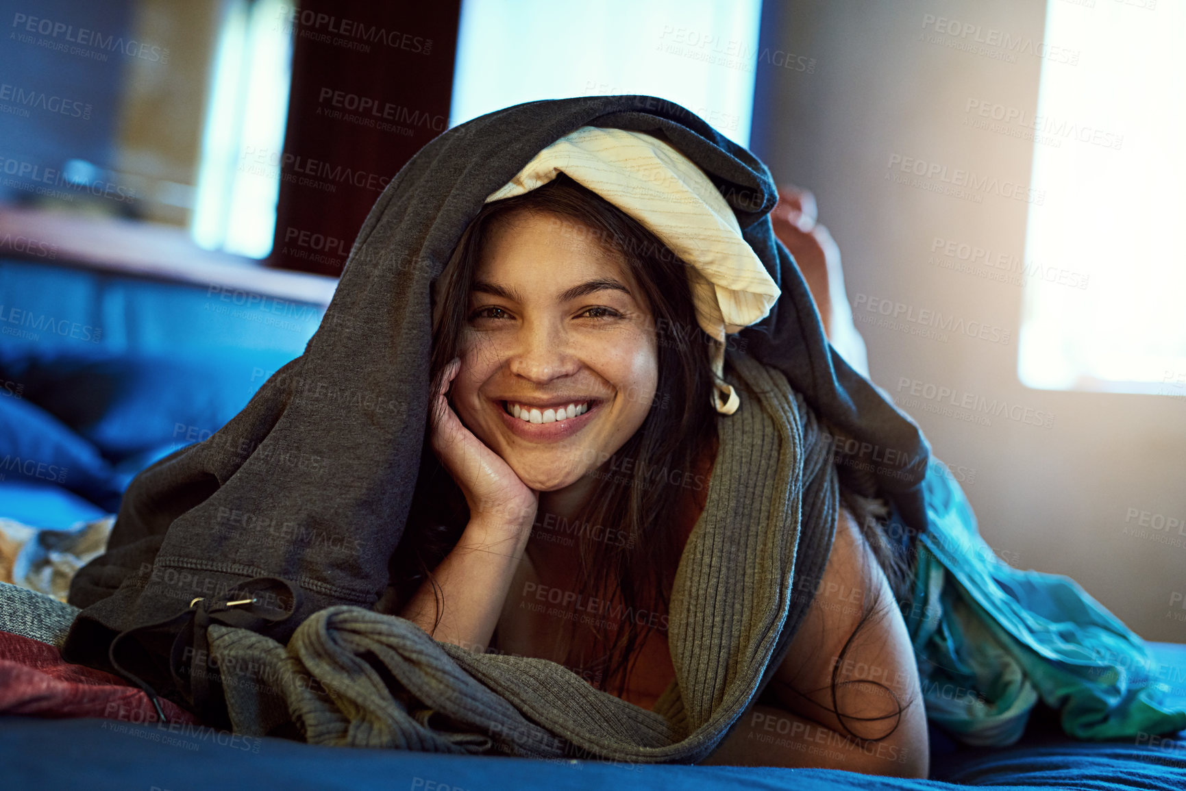 Buy stock photo Happy woman, cleaning and portrait with laundry and bedroom in home with smile from spring clean. Helping, house and fun with clothes and apparel with housekeeping and cleaner with a washing break