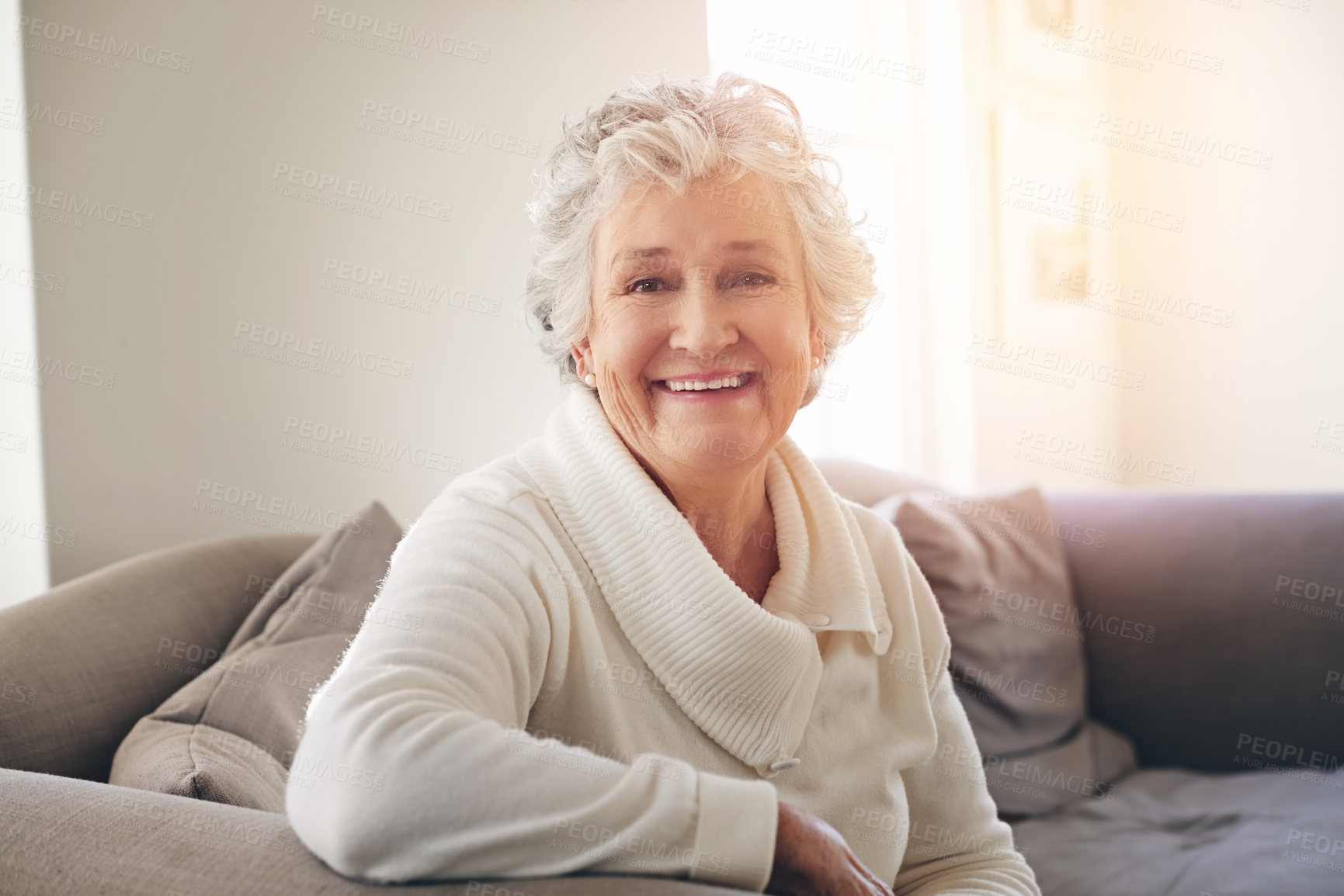 Buy stock photo Relax, happy and portrait of old woman on sofa for free time, retirement and weekend. Smile, happiness and mindset with senior person in living room at home for elderly, positive and carefree 
