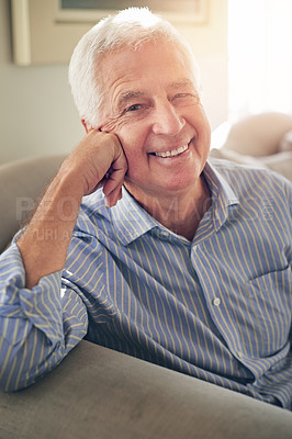 Buy stock photo Portrait of a senior man relaxing at home