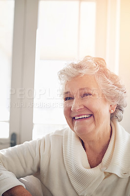 Buy stock photo Relax, happy and face of old woman on sofa for free time, retirement and weekend. Smile, happiness and mindset with senior person in living room for elderly, positive and carefree resting at home