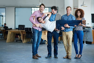Buy stock photo Funny, portrait or happy web designers in office with support, teamwork or playful joke together. Diversity, silly workplace humor or playful developers carrying woman or lifting an employee on break