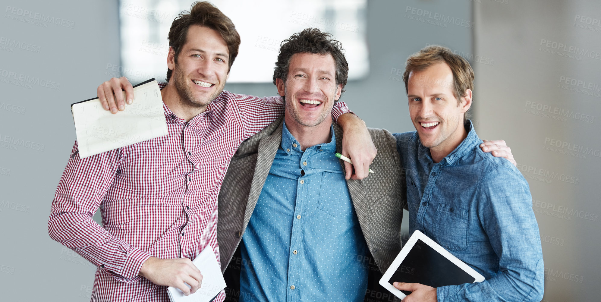 Buy stock photo Portrait, teamwork or happy developers hug for motivation for support, collaboration or goals in office. Team building, hugging or excited IT programmers laughing with pride or solidarity together 