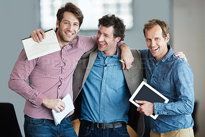 Buy stock photo Portrait, teamwork or happy business people hug for motivation for support, collaboration or goals. Team building, hugging or excited startup developers laughing with pride or solidarity together 