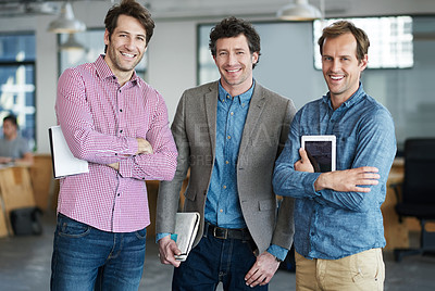 Buy stock photo Confident team, portrait or business developers in meeting for brainstorming together in office with smile. Proud people, tablet or happy programmers with technology, notes or notebook in workplace