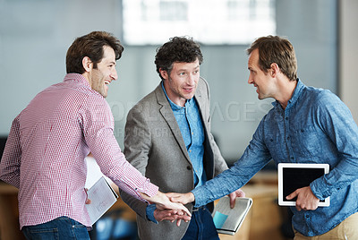 Buy stock photo Support, teamwork or happy business people in huddle for motivation for mission, collaboration or support. Team building, startup or developers in meeting with goals, solidarity or hands together