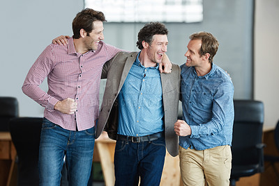 Buy stock photo Teamwork, success or excited business men in celebration of sales goals, winning victory or target. Winner, motivation or happy developers with fist pump for deal or achievement together in office 