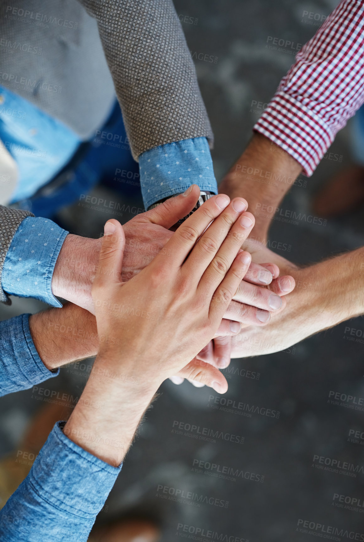 Buy stock photo Support, teamwork and community by hands joining together during team building from above. Closeup of businesspeople doing stacked gesture, showing collaboration in pursuit of goal or success 