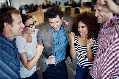 Buy stock photo Teamwork, winner or excited business people in celebration of sales goals, winning victory or target. Wow, motivation or happy employees celebrating deal, success or achievements together in office 