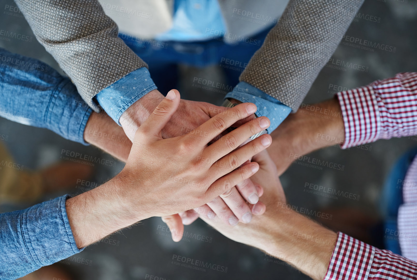Buy stock photo Teamwork, top view and hands together for cooperation, team building or solidarity. Collaboration, hand huddle and group of people with motivation, trust or support for community goals in partnership