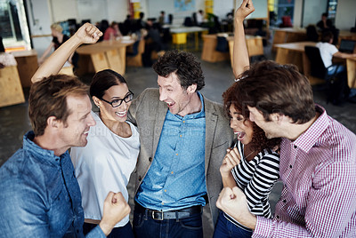 Buy stock photo Teamwork, success or happy business people in celebration of sales goals, winning victory or target in office. Winners, motivation or excited employees celebrating deal or achievements in workplace 