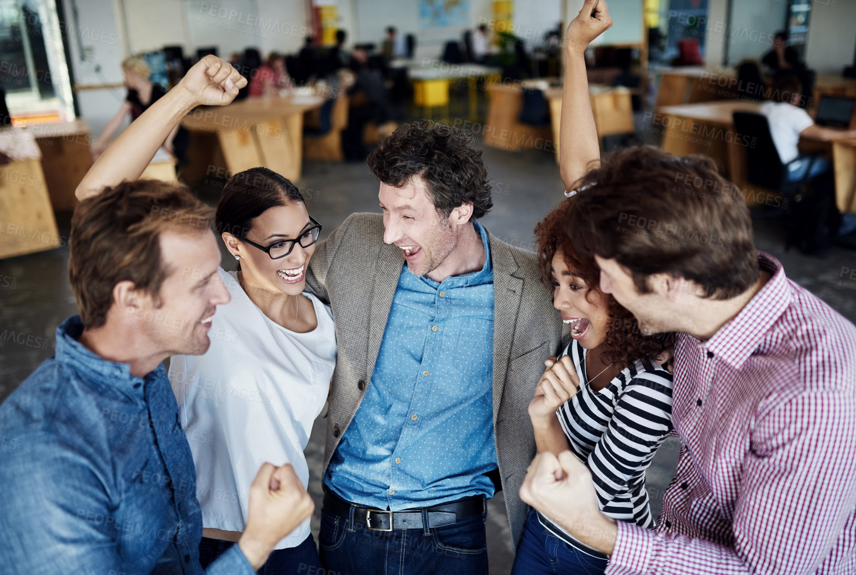 Buy stock photo Teamwork, success or happy business people in celebration of sales goals, winning victory or target in office. Winners, motivation or excited employees celebrating deal or achievements in workplace 