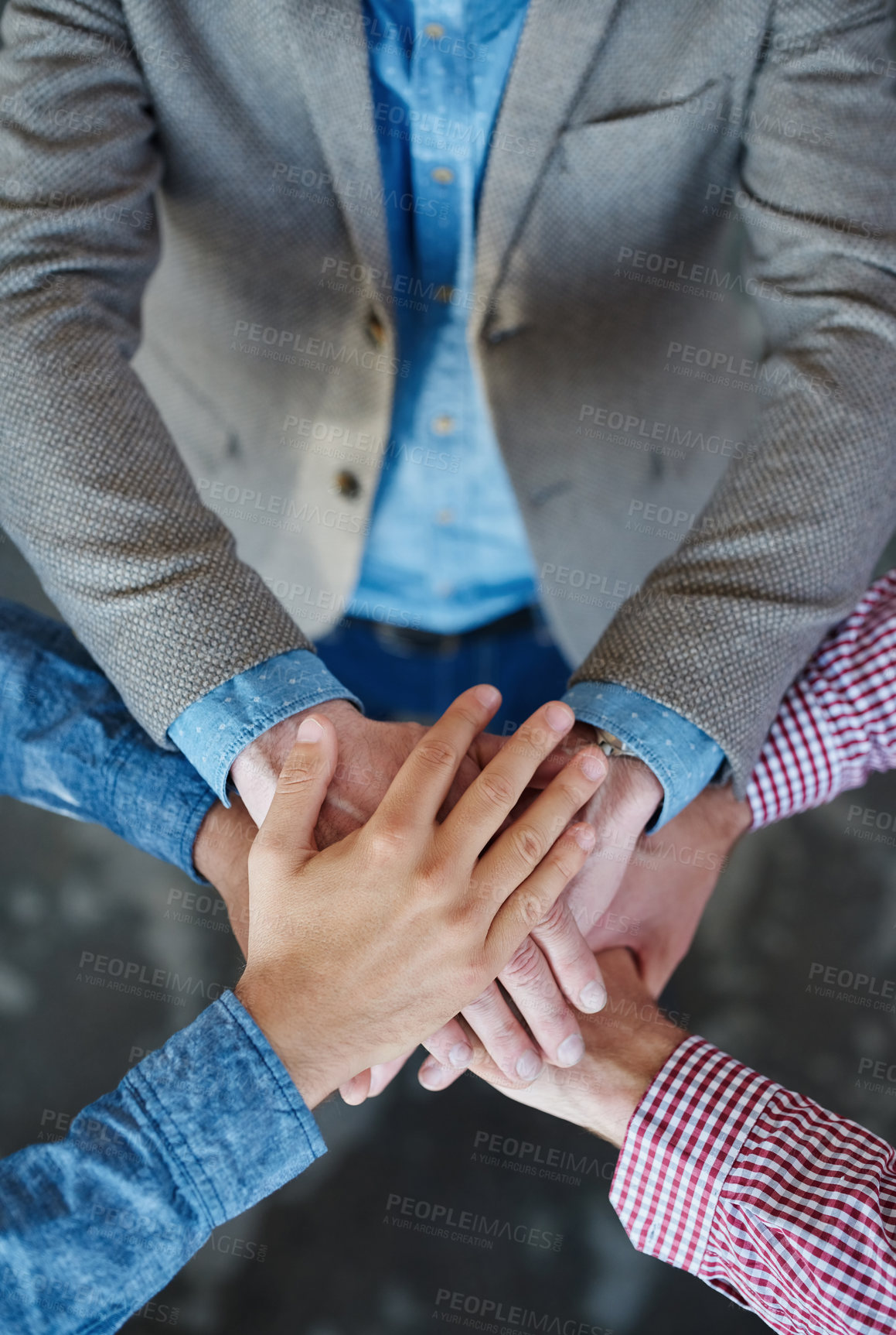 Buy stock photo Collaboration, top view and hands together for cooperation, team building or solidarity. Teamwork, hand huddle and group of people with motivation, trust or support for community goals in partnership