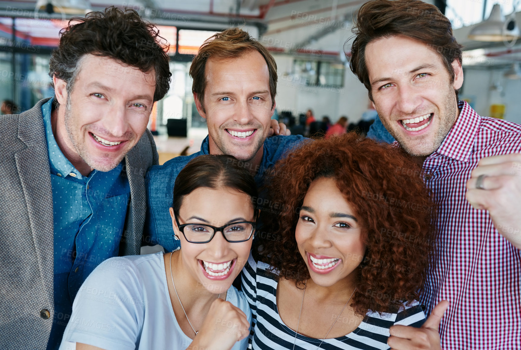 Buy stock photo Fun, cheerful and casual business people celebrating in an office together. Portrait happy colleagues collaborating on startup, united, ambitious and confident. Workers with vision, plan or strategy
