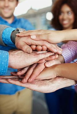 Buy stock photo Business people hands stacked showing unity, teamwork and collaboration gesture for meeting a goal. Group closeup of corporate workers, team or community joining, working together and standing united