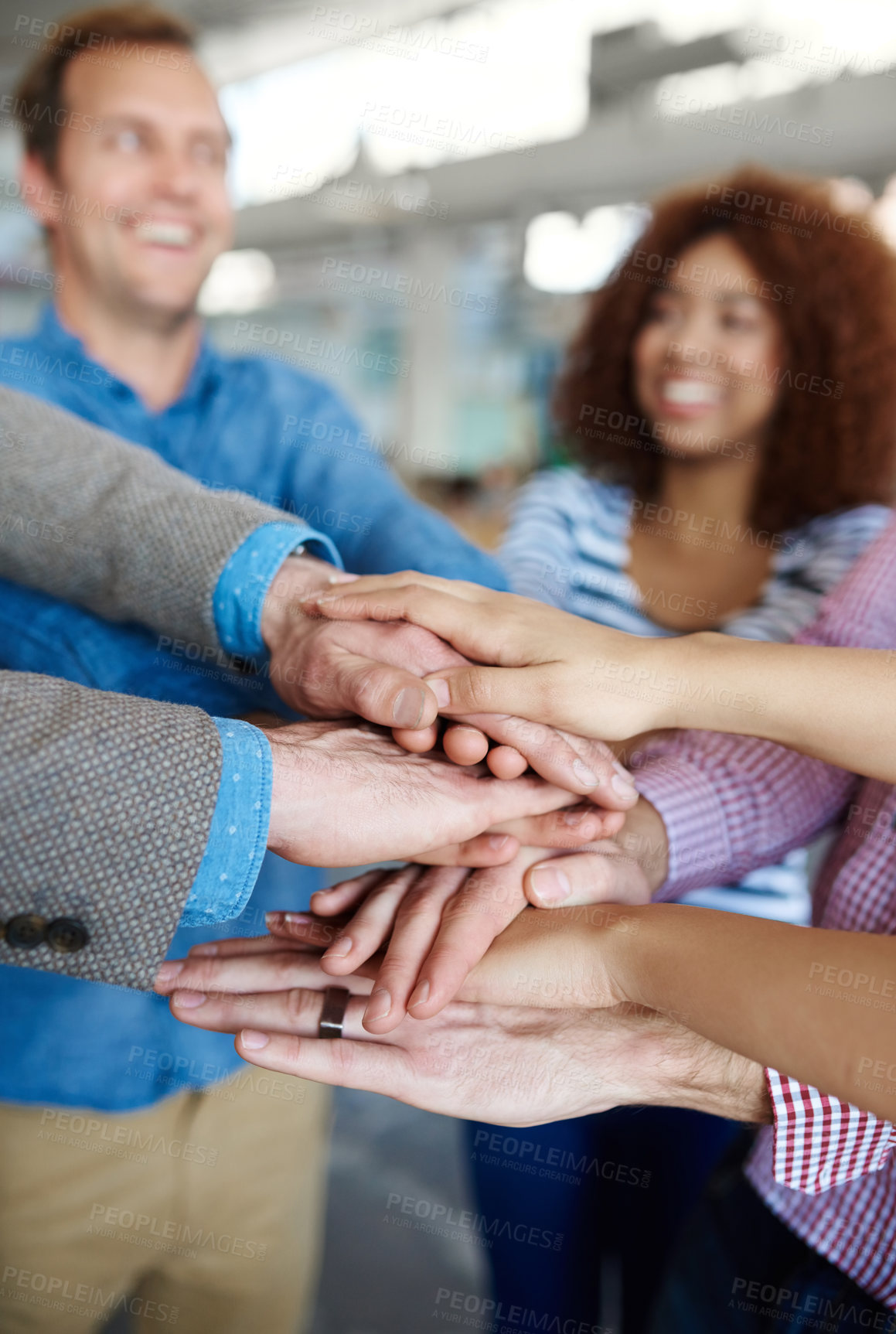 Buy stock photo Blur, teamwork or hands of business people in stack for mission goals, collaboration or support. Team building, closeup or happy employees in meeting with smile, solidarity or motivation together 