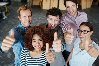 Buy stock photo Portrait, thumbs up or happy business people in agreement, support or collaboration together in office. Startup community team, diversity or group of employees with thumb up, yes or like hand gesture