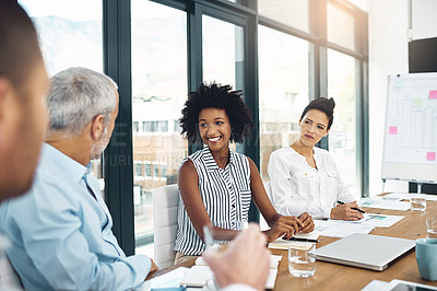 Buy stock photo Business people, meeting and collaboration in office for planning, discussion and teamwork with tech. Coworkers, notes and laptop in boardroom for project, ideas and brainstorming at workplace