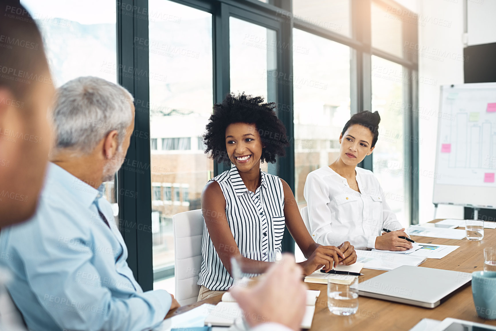 Buy stock photo Business people, meeting and collaboration in office for planning, discussion and teamwork with tech. Coworkers, notes and laptop in boardroom for project, ideas and brainstorming at workplace