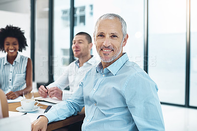Buy stock photo Portrait, mature man and happy manager in office meeting, coworking and entrepreneur with team for leadership in creative startup. Face, smile and professional executive, ceo or editor in business