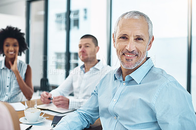 Buy stock photo Smile, meeting and portrait of mature businessman in office with coffee and documents for financial planning. Discussion, happy and professional male finance advisor working with corporate paperwork.