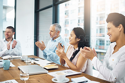 Buy stock photo Business, people and meeting with applause in office for career, auditor or bankers at work. Workplace, celebration or group of accountant in boardroom for review, clap or support for company success