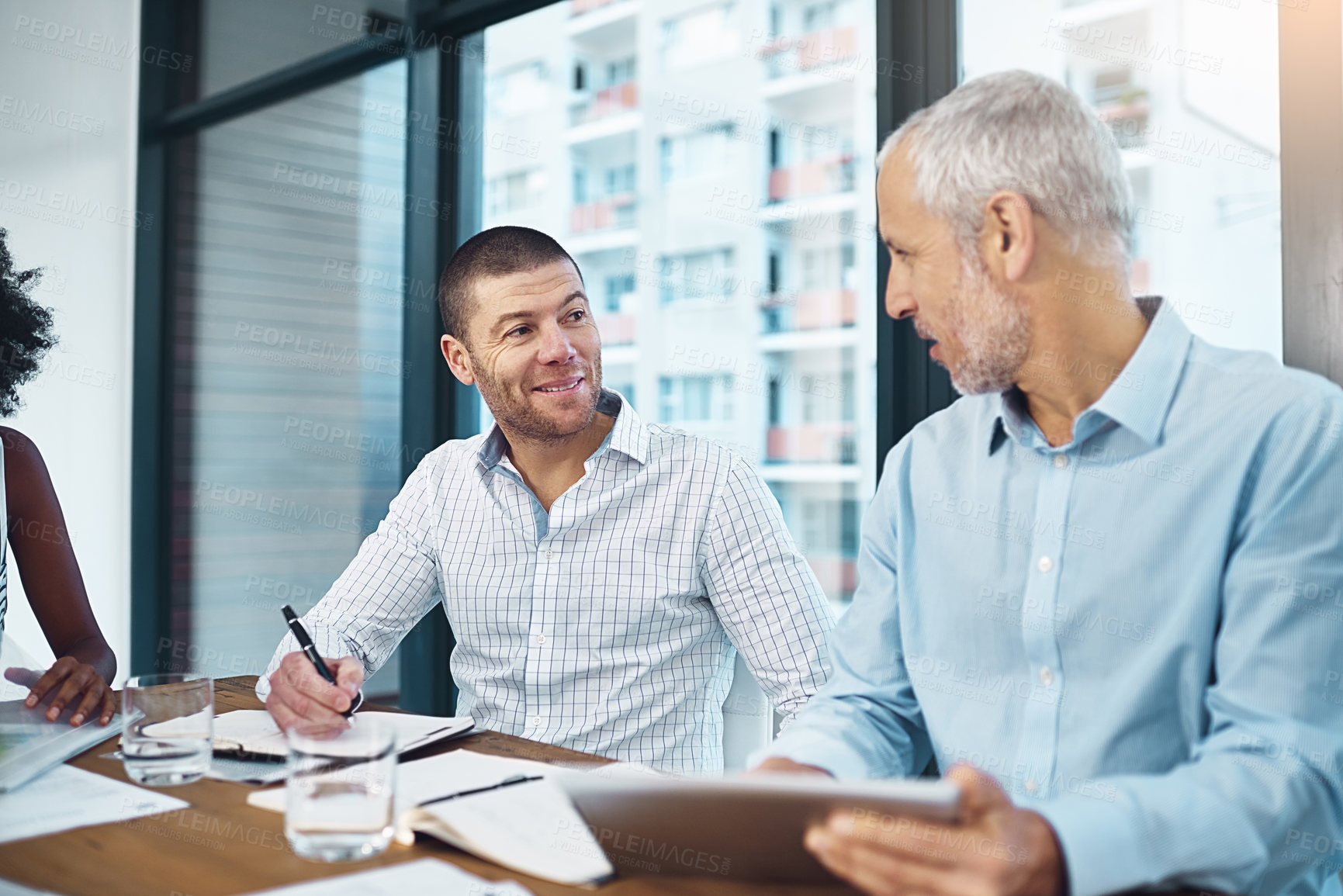 Buy stock photo Business people, boardroom and tablet for idea on company growth, teamwork and problem solving. Employees, speaking and office for collaboration at global business, research and meeting for project