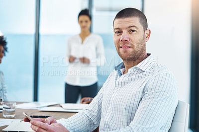 Buy stock photo Portrait, business man and phone in office, coworking and manager with team for leadership in creative startup meeting. Face, smartphone and professional entrepreneur, editor or employee working