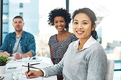 Buy stock photo Happy, meeting and portrait of Asian businesswoman in office with documents for financial planning. Discussion, smile and professional finance advisor working with corporate paperwork in boardroom.
