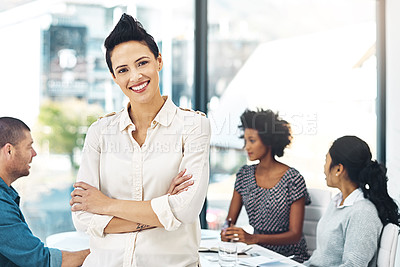 Buy stock photo Portrait, smile and business woman with arms crossed in office meeting, coworking or team manager in creative startup. Face, happy or confident professional entrepreneur, designer or employee pride